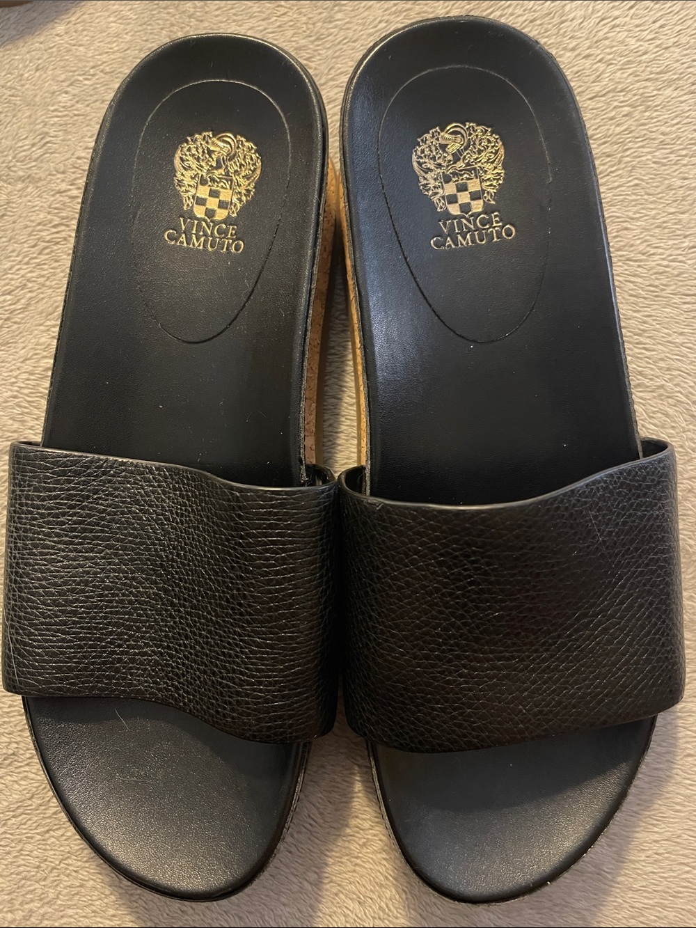 Vince Camuto Black Leather Slide Sandals with Gold Logo
